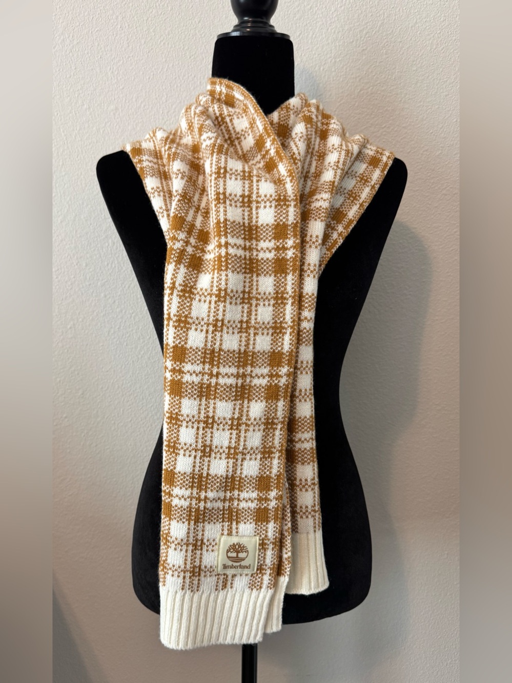 Timberland Plaid Knit Scarf Tan Cream Brown Oversized Cozy Winter